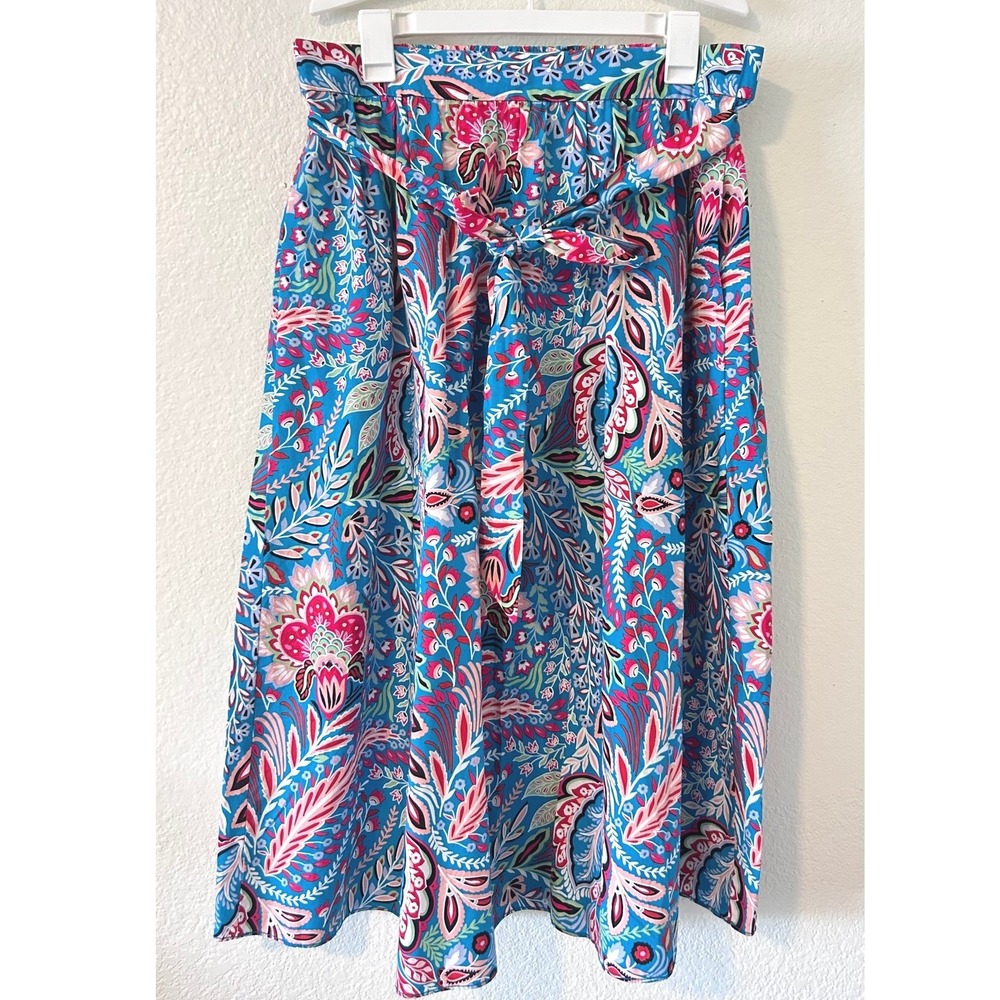 Talbots Blue‎ Paisley Floral Cottagecore Cotton Midi Skirt Paperbag Waist SZ L